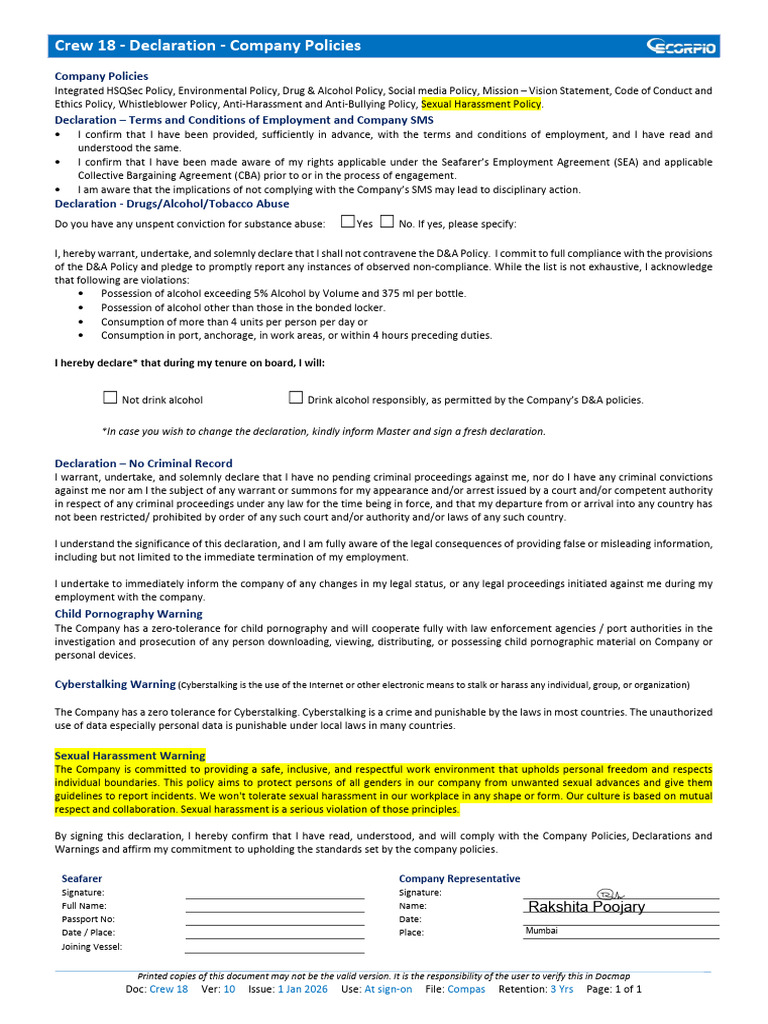 Crew 18 - Declaration Company Policies 1 | PDF | Child Pornography ...
