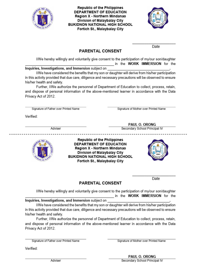 Parental Consent for Work Immersion | PDF