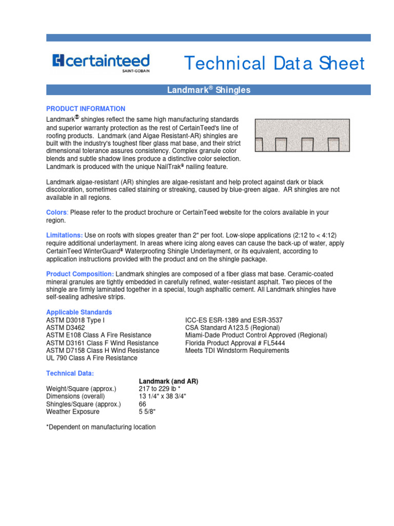 Landmark Shingles Product Data 2260566 | PDF | Materials | Structural ...