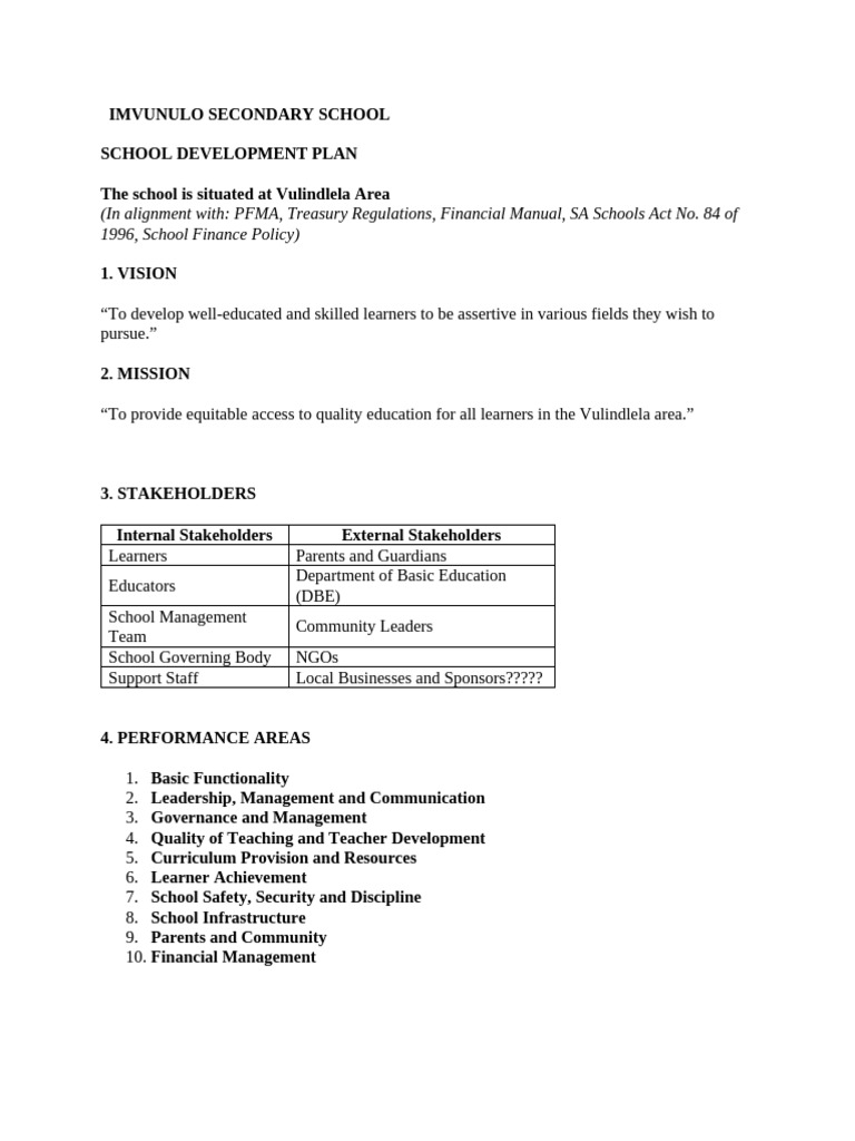 IMVUNULO Secondary School Development Plan | PDF | Teachers | Schools