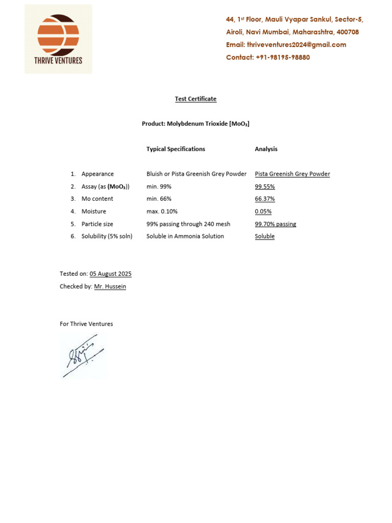 Molybdenum Trioxide Test Certificate | PDF