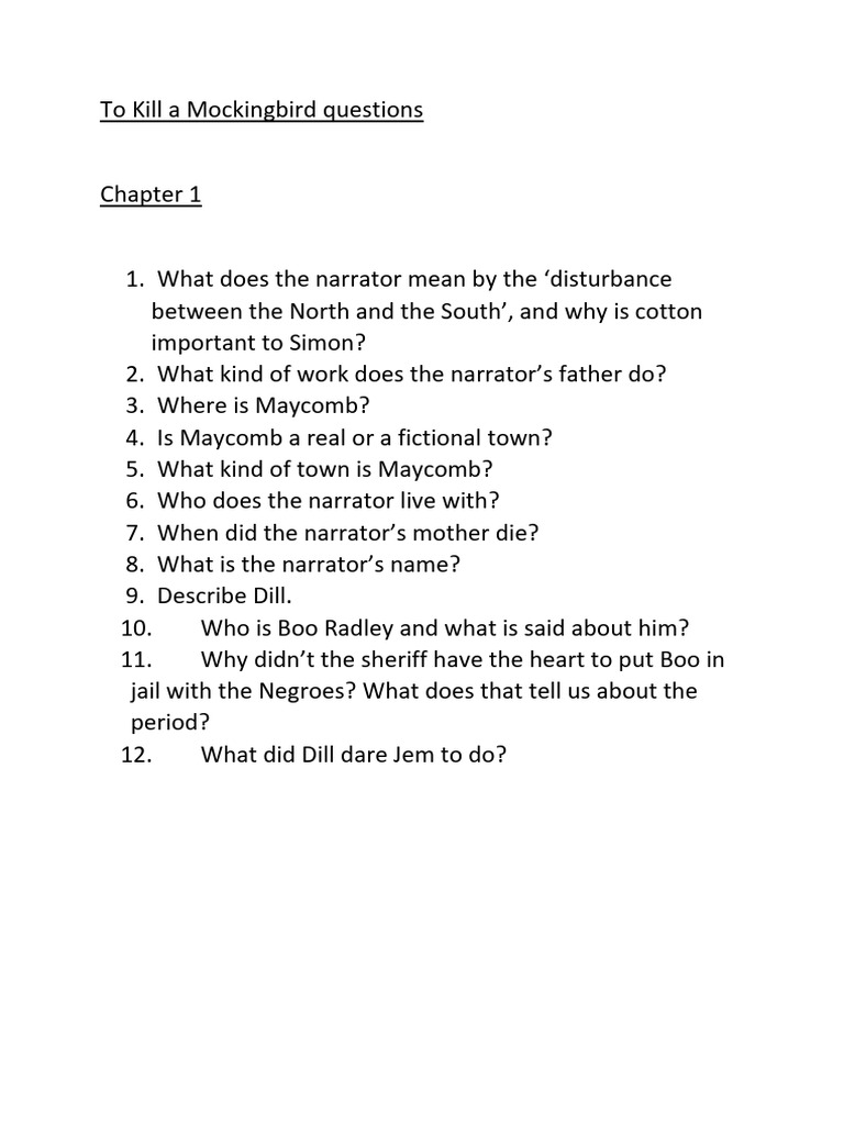 To Kill a Mockingbird Chapter Questions | PDF | To Kill A Mockingbird