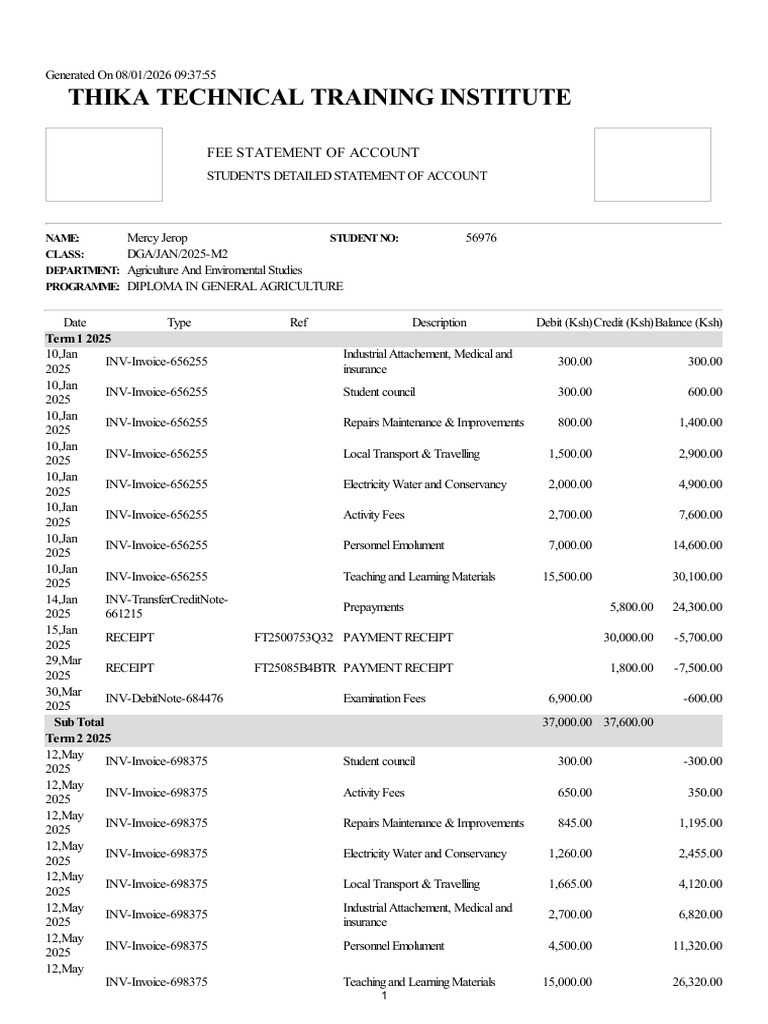 Thika Technical Institute Fee Statement | PDF | Payments | Personal Finance