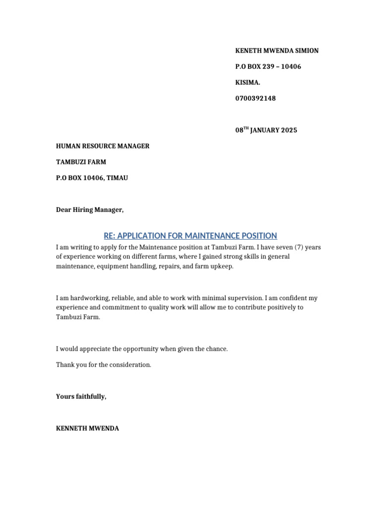 Brief Application Letter Maintenance Tambuzi Farm - Copy | PDF