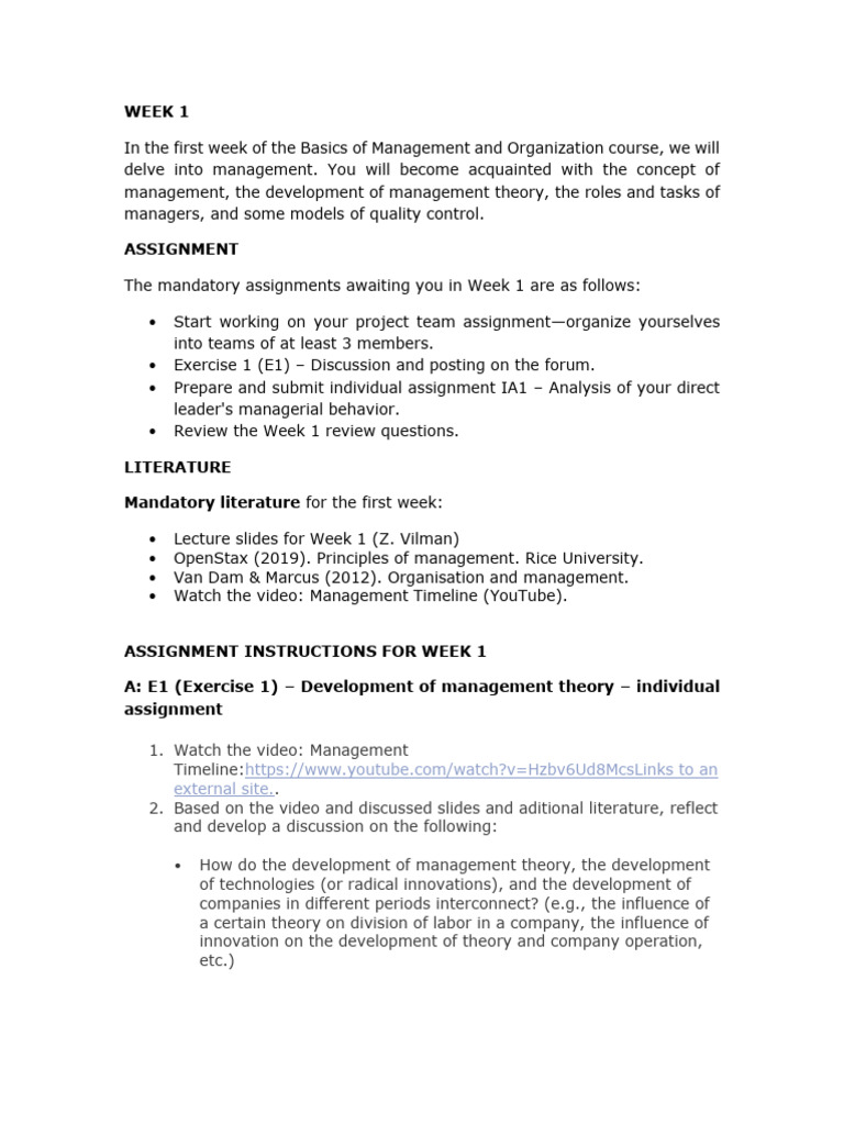 Week 1: Management Basics & Assignments | PDF | Leadership | Critical ...