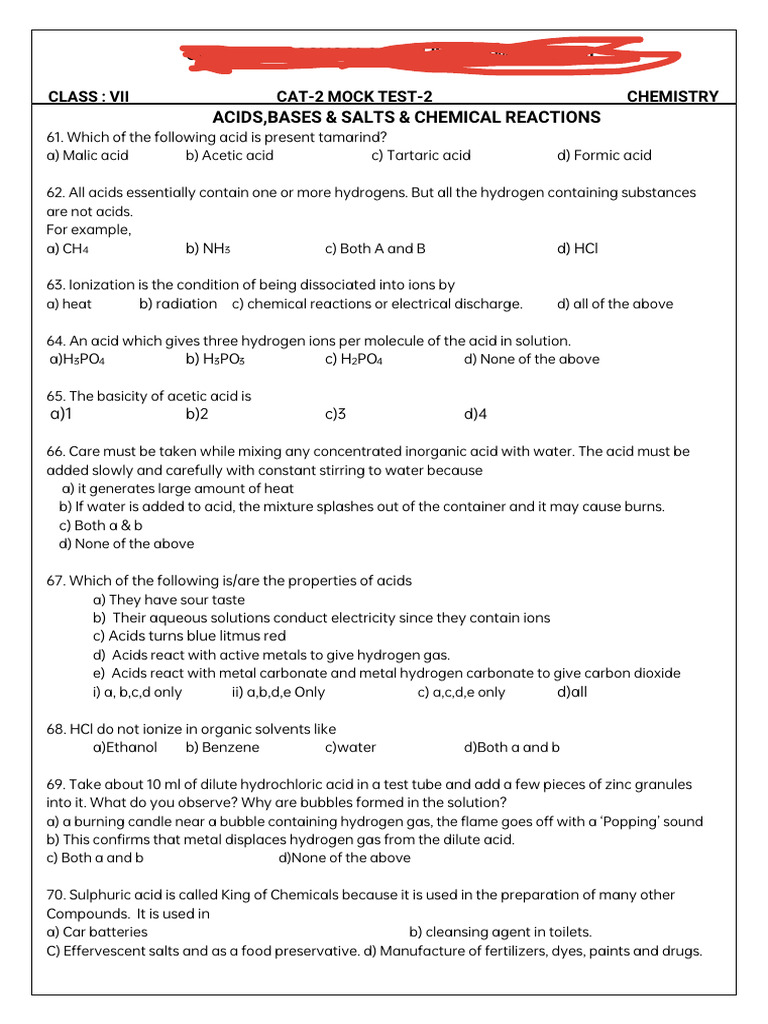 Chemistry Mock Test: Acids & Reactions | PDF | Acid | Chemical Reactions