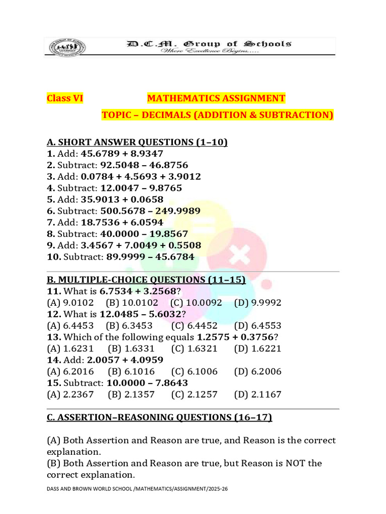 Class VI Decimals Assignment 2025-26 | PDF | Litre | Chess Theory