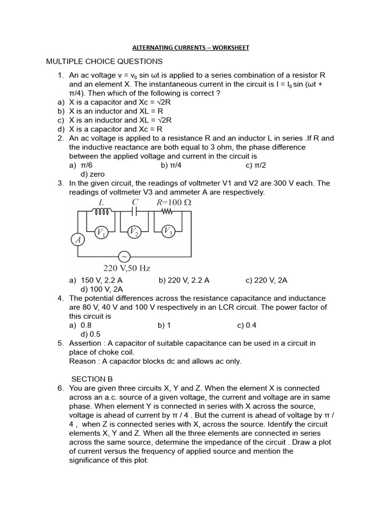 Alternating Currents Worksheet Quiz | PDF | Inductor | Electrical Network