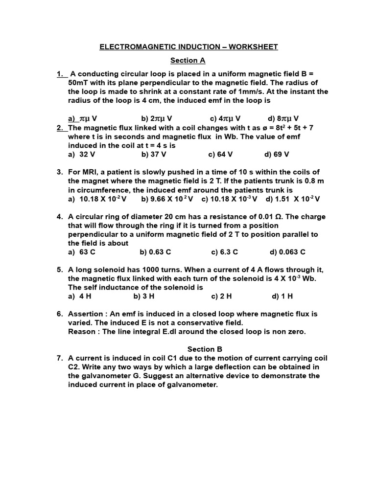 Electromagnetic Induction Worksheet | PDF | Electromagnetic Induction ...