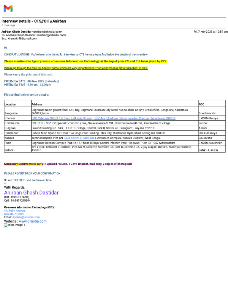 Gmail - Interview Details - CTS__OIT__Anirban (1) | PDF