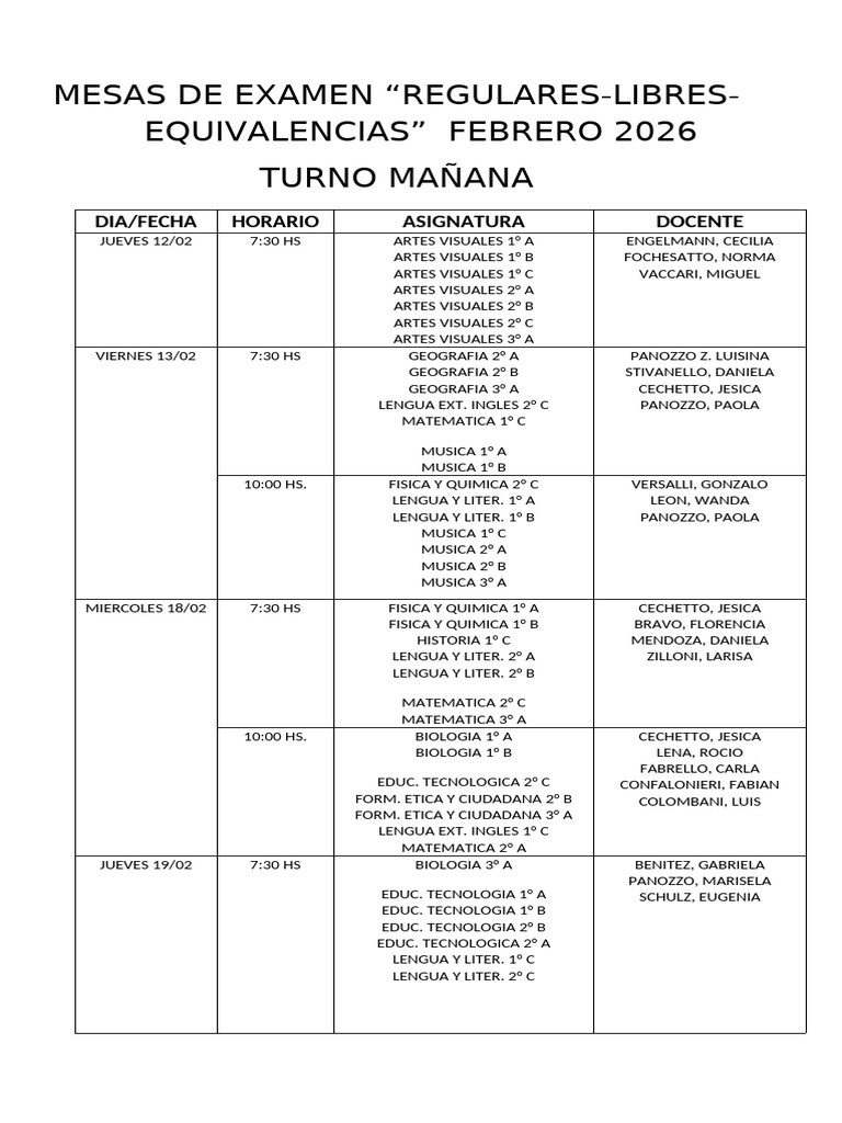 Mesas de Examen Febrero 2026 | PDF