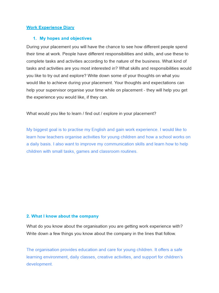 Work Experience Diary in Education Sector | PDF | Teachers | Schools