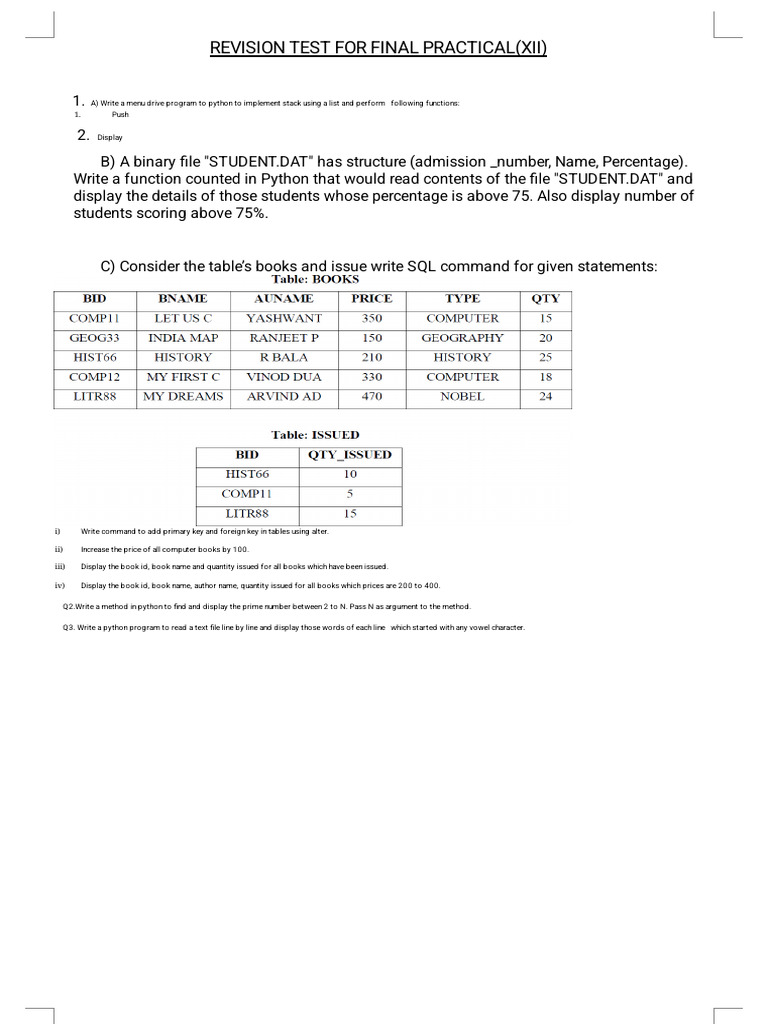 Python & SQL Practical Revision Test | PDF