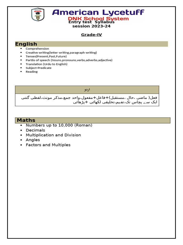 Grade IV Entry Test Syllabus 2023-24 | PDF
