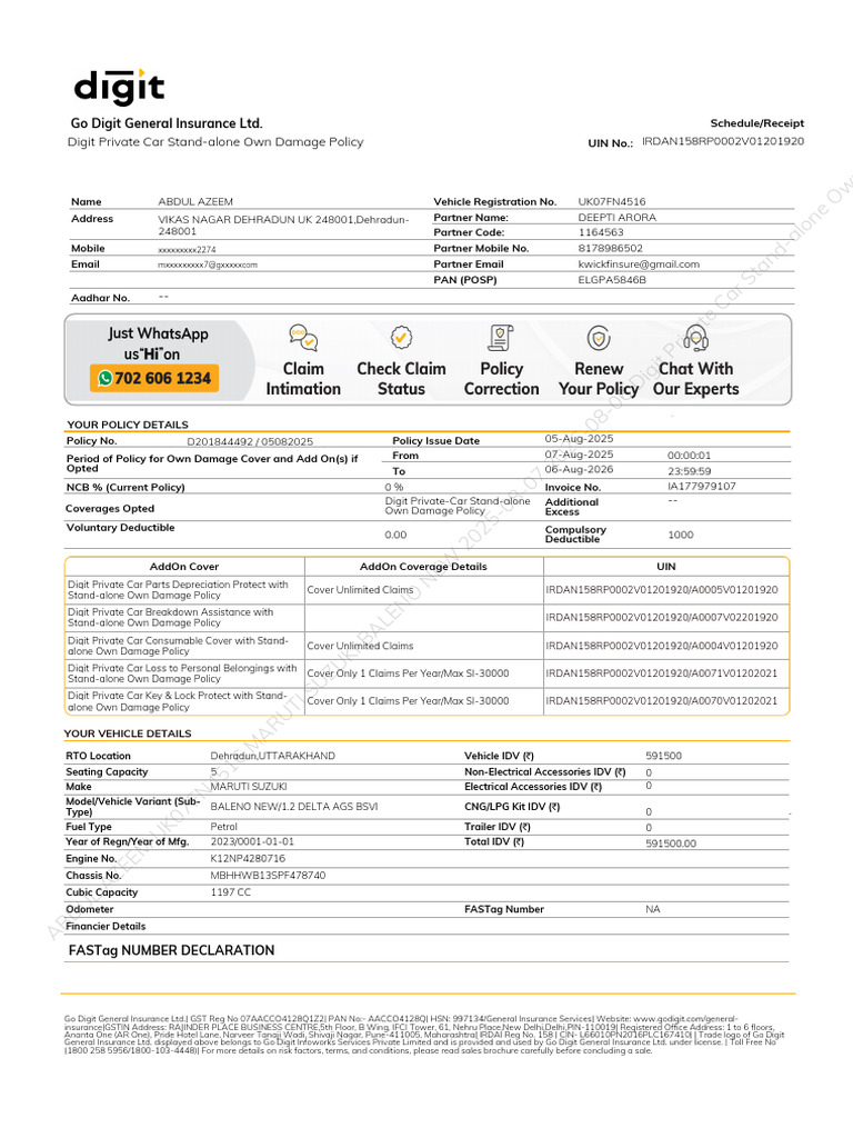 D201844492-Own-Damage-Policy--1 | PDF | Insurance | Liability Insurance