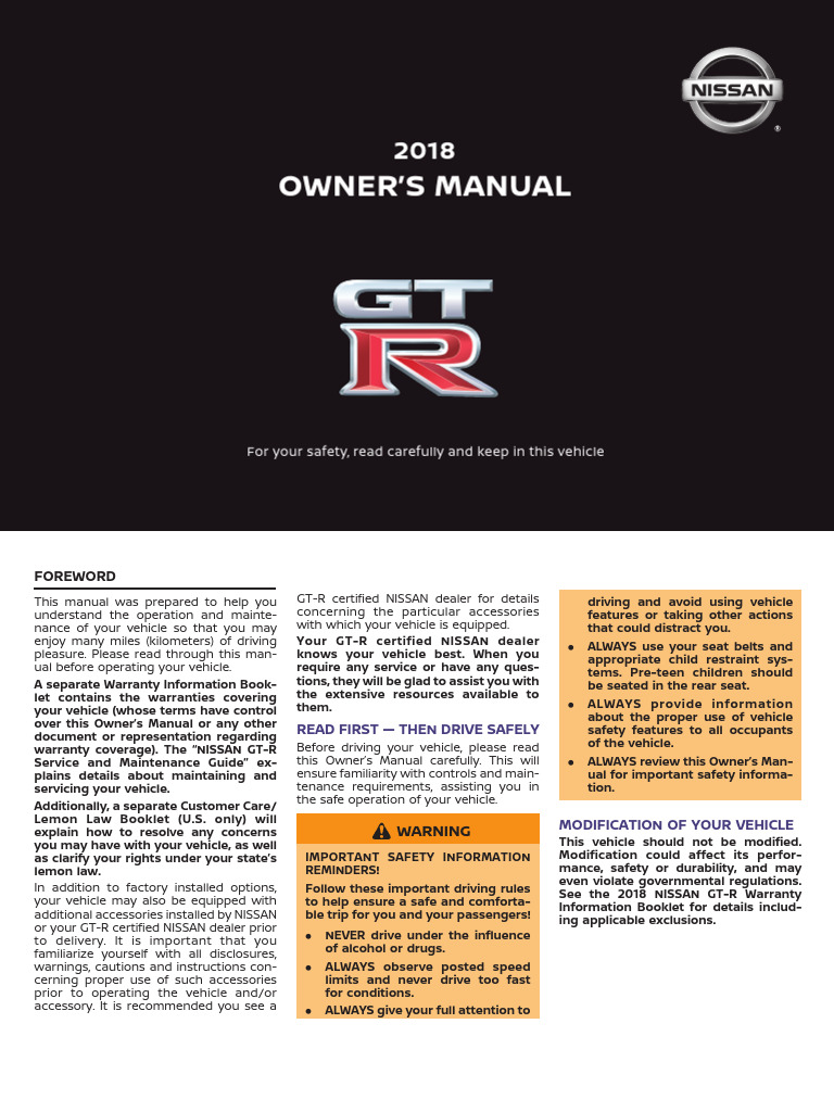 2018 Nissan GT-R Owner's Manual | PDF | Tire | Brake