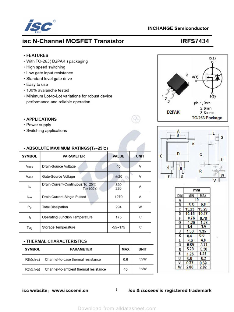ISC N-Channel MOSFET IRFS7434 Specs | PDF | Field Effect Transistor ...