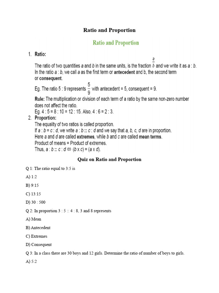 Ratio and Proportion Quiz Questions | PDF | Ratio | Length
