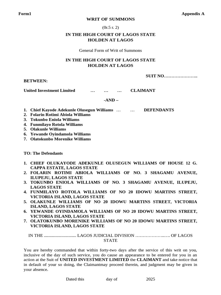 UIL_V_Chief_Kayode_Williams_and_Others[1] | PDF | Lawsuit | Summons