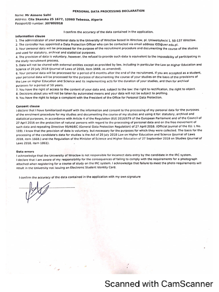 Personal Data Processing Declaration | PDF