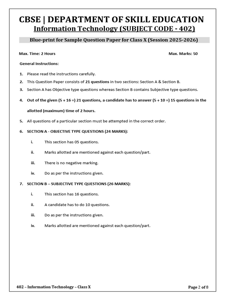 Class X IT Sample Question Paper Blueprint | PDF | Hyperlink | Spreadsheet
