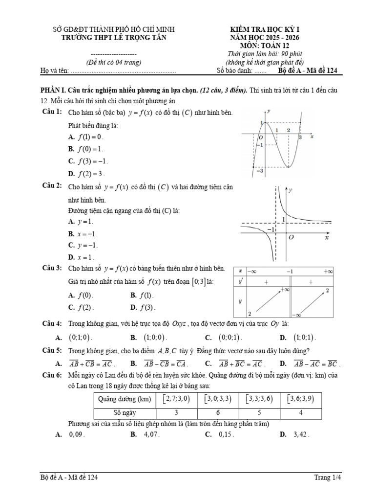 Bộ Đề A - Mã Đề 124 - Toán 12 - Lê Trọng Tấn - HK1 NH 2025-2026 | PDF