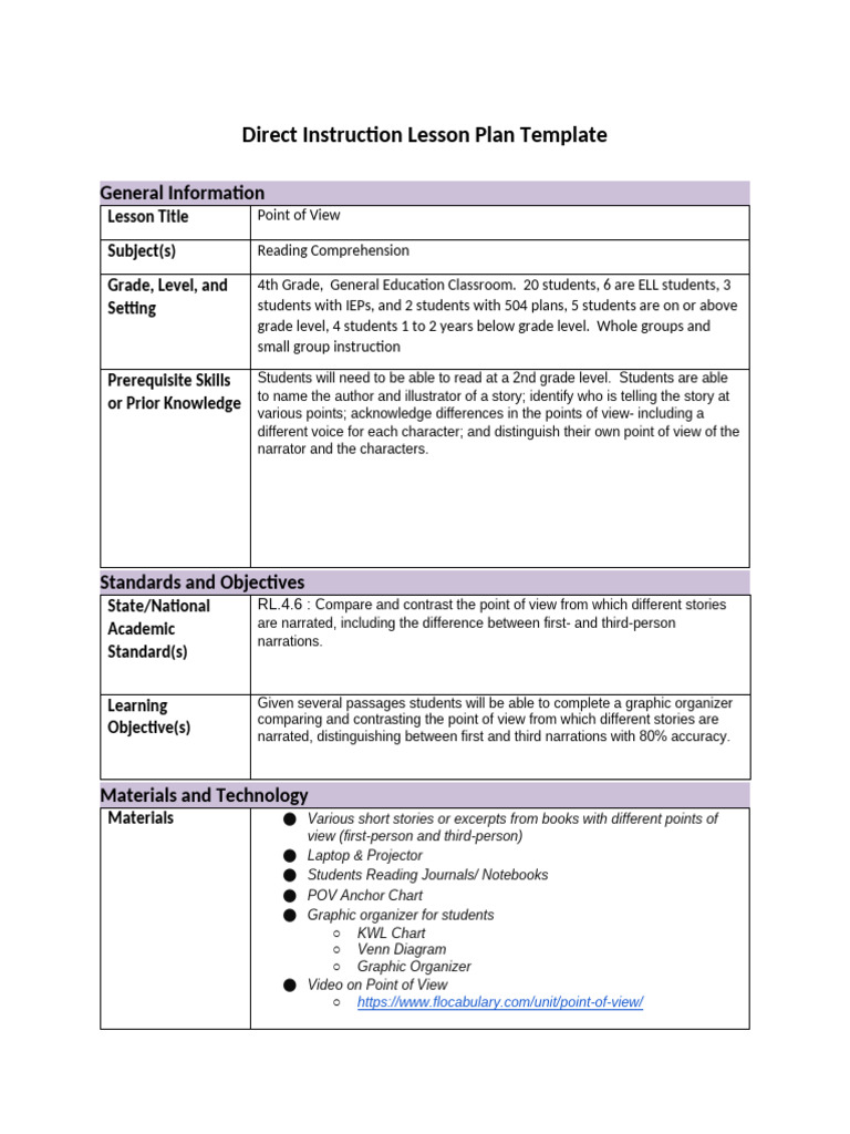 Direct Instruction Lesson Plan Template (1) | PDF | Narration | Learning