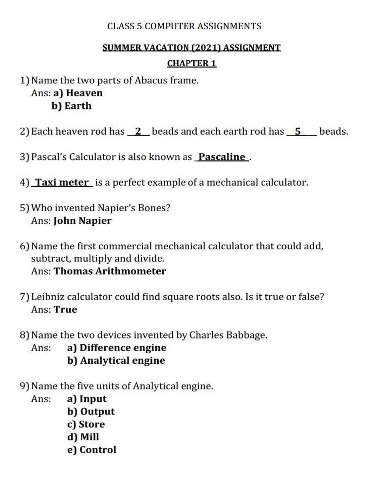 Class 5 Computer Summer Vacation Homework | PDF