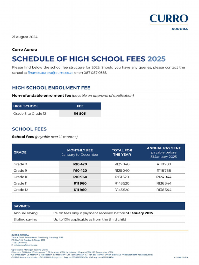 Curro Aurora 2025 High School Fee Letter Finalv2 for Web | PDF