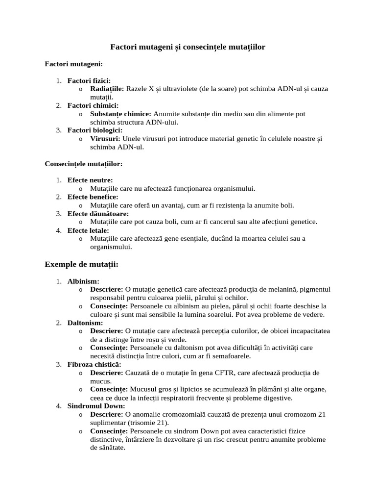 Factori Mutageni Și Consecințele Mutațiilor | PDF