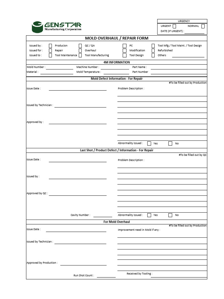 Mold Repair and Maintenance Form | PDF | Mechanical Engineering