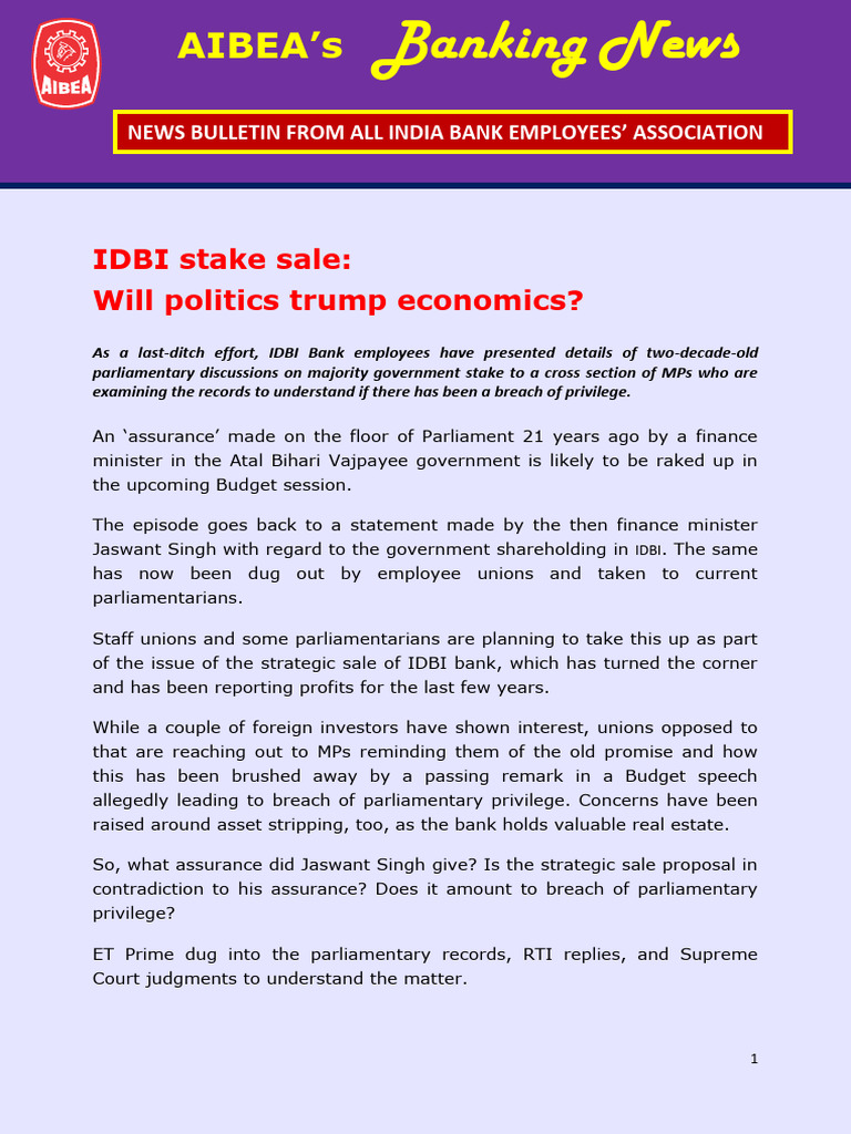 IDBI Bank Stake Sale: Political Implications | PDF | Government ...
