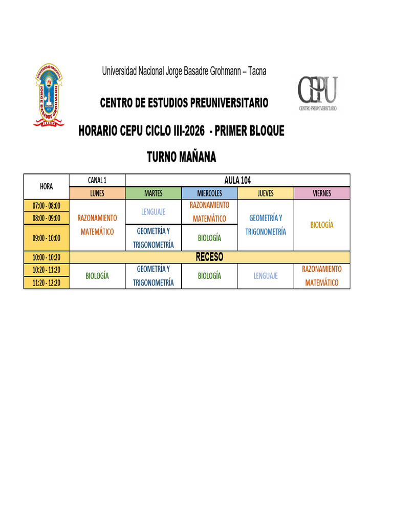 Horario CEPU Ciclo III-2026 Tacna | PDF