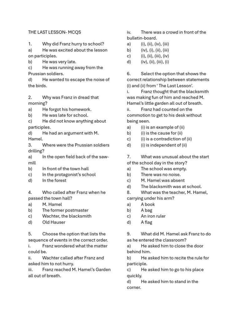 Last Lesson MCQs for Students | PDF