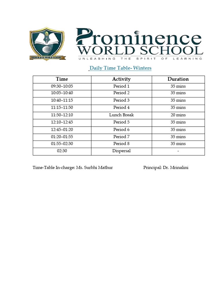 Winter Daily Time Table Schedule | PDF
