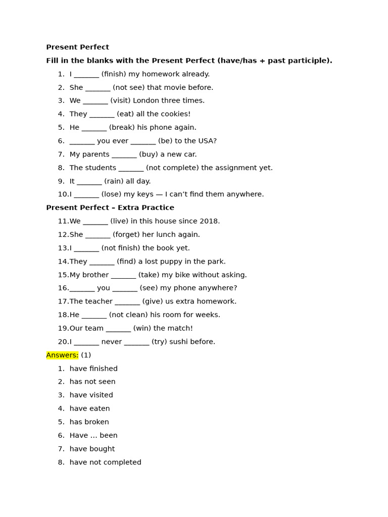 Present Perfect Practice Exercises | PDF