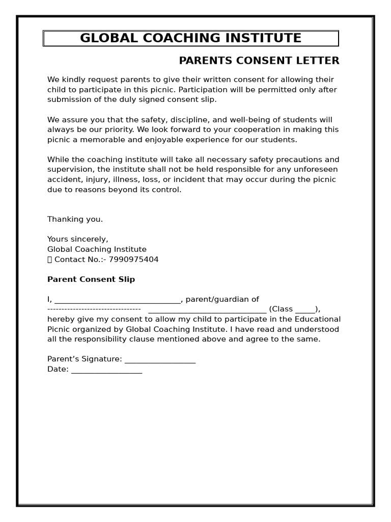 Parent Consent Letter for Picnic | PDF