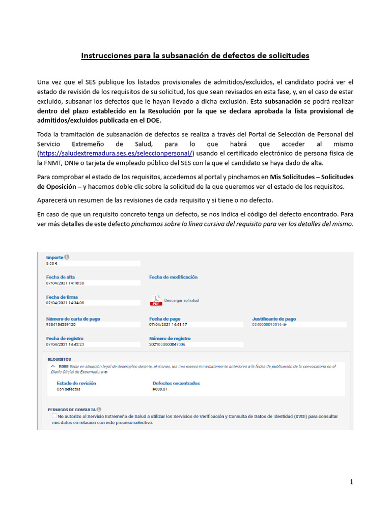 Instrucciones para subsanar solicitudes SES | PDF