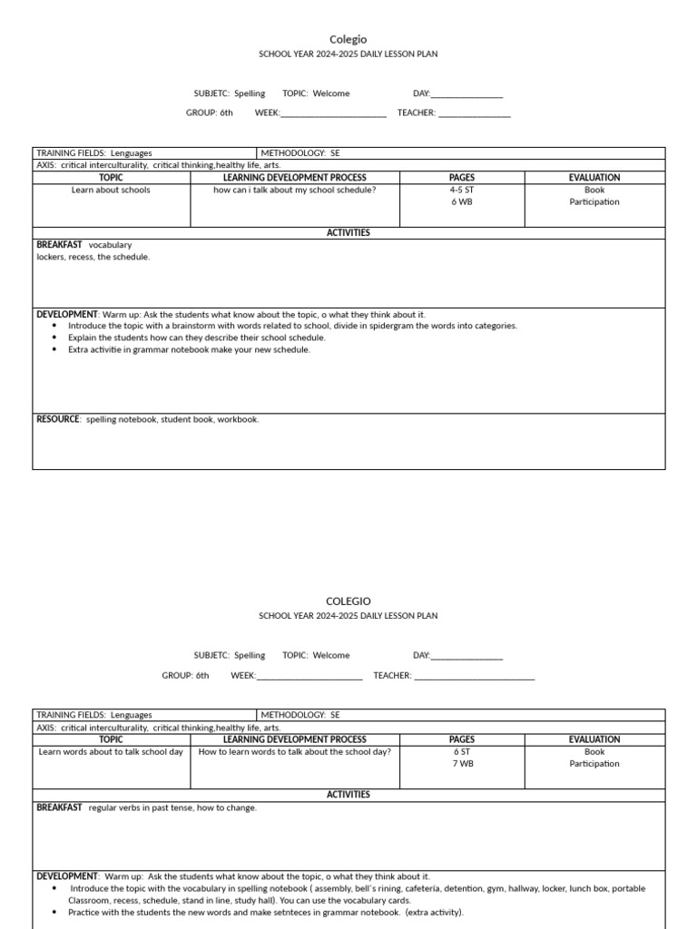 6th Grade Daily Lesson Plans 2024-2025 | PDF | Lesson Plan | Subject ...