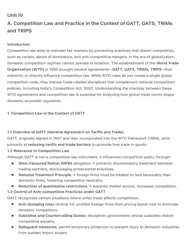 Unit IV | PDF | World Trade Organization | Competition Law