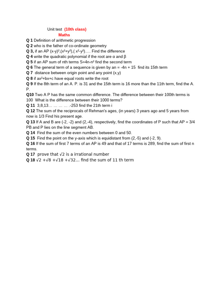 10th Grade Maths Unit Test Questions | PDF