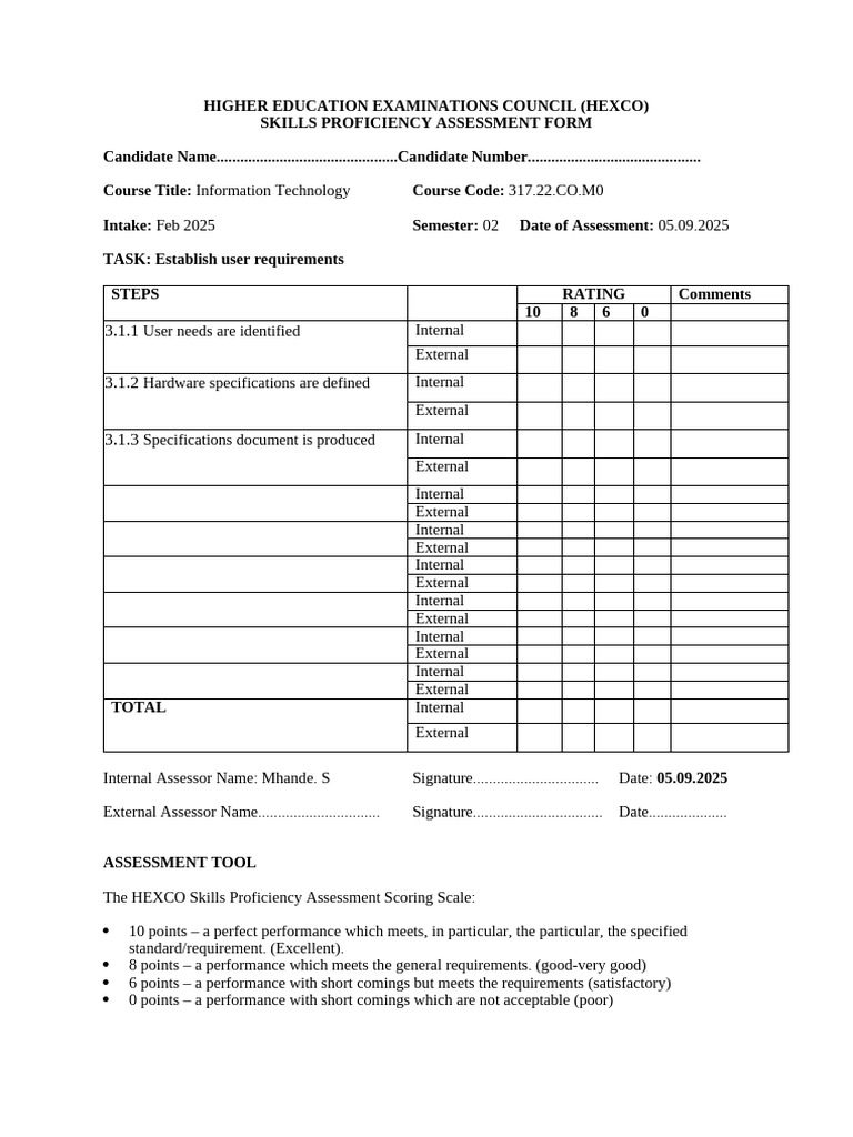 HEXCO IT Skills Assessment Form | PDF | Specification (Technical ...
