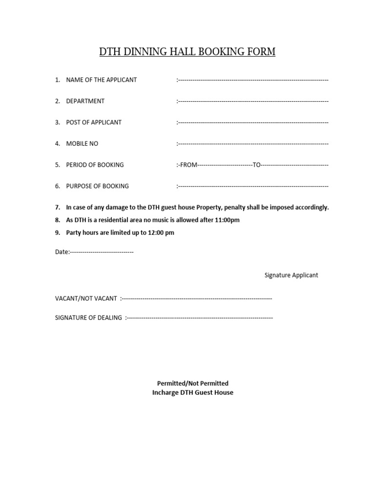 Dth Dinning Hall Booking Form | PDF