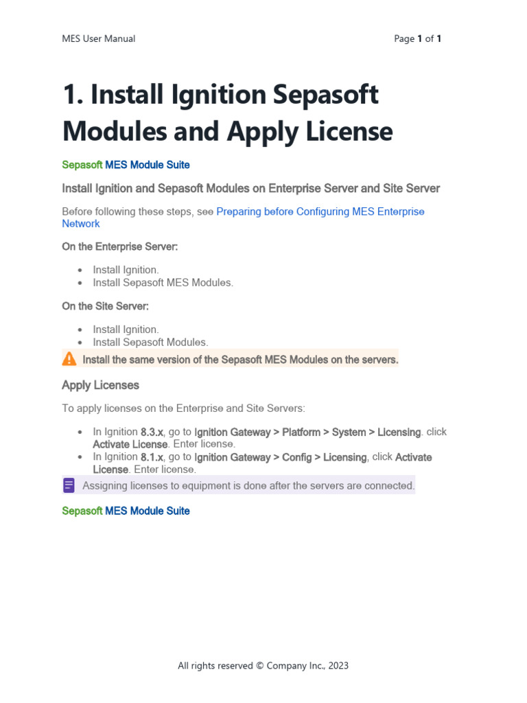 MES User Manual: Install Ignition & Licenses | PDF