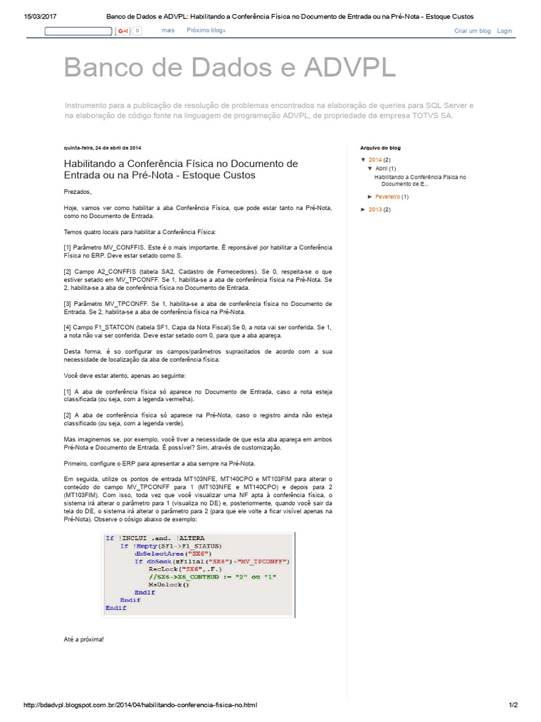 Banco de Dados e ADVPL_ Habilitando a Conferência Física No Documento ...