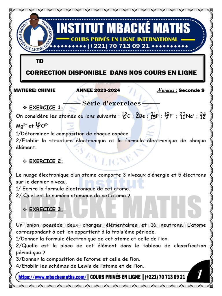 Exercices de chimie : atomes et ions | PDF | Atomes | Noyau atomique