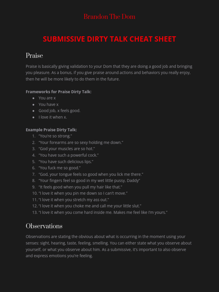 Submissive Dirty Talk Cheat Sheet | PDF | Sexuality | Mammalian Sexuality