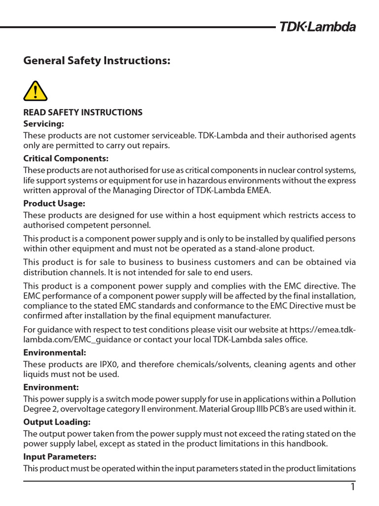 TDK-Lambda Power Supply Safety Guidelines | PDF