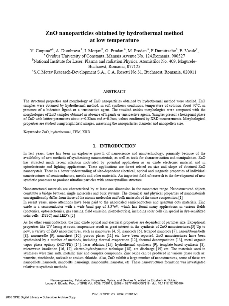 ZnO Nanoparticles Obtained by Hydrothermal Method | PDF | Zinc Oxide ...