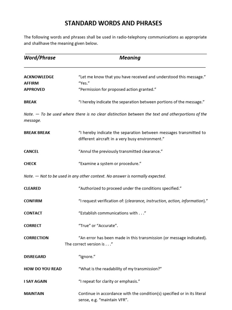 Standard Radio-Telephony Phrases Guide | PDF | Runway | Communication